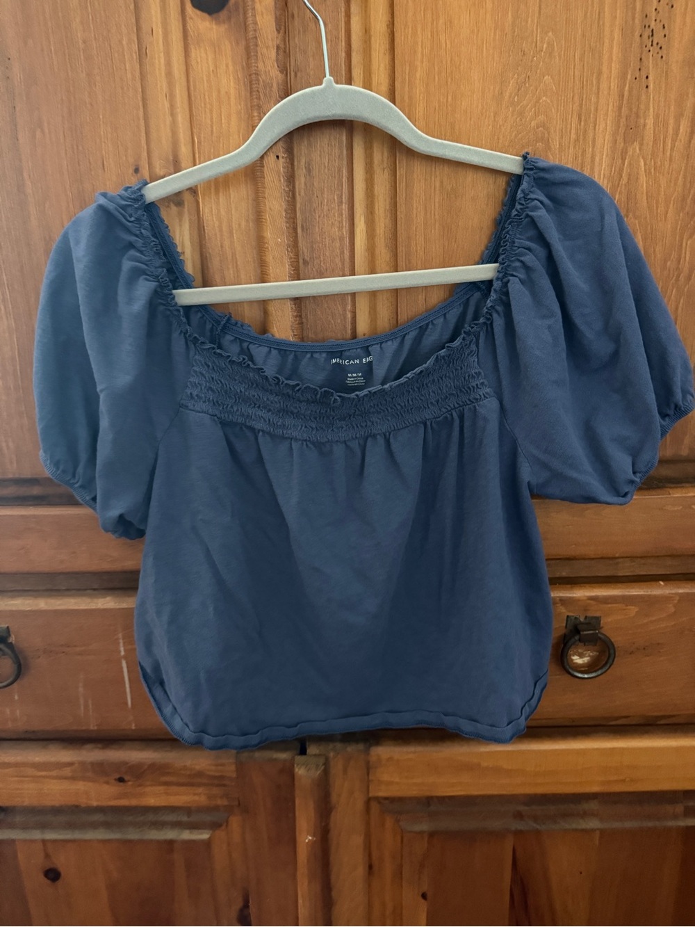 American Eagle Outfitters Navy Smocked Square Neck Puff Sleeve Top